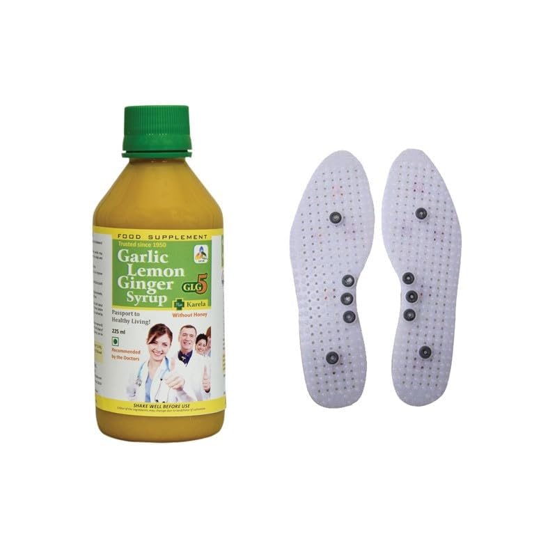 SKSB GLG5+ Karela Diabetes & Sugar Control Syrup Garlic,Lemon,Ginger,Karela,Turmeric & American Apple Cider Vinegar without Honey 225ml each with one No.Shoe Insole White for Acupresure of Body Organs-image-7