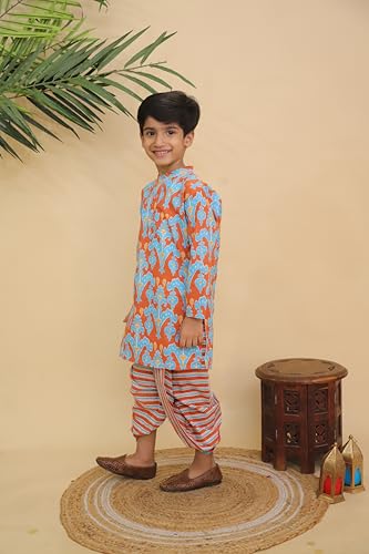 Image of The Mom Store Baby /Kids Boys Dhoti Kurta Set | Dhoti and Kurta | 100% Cotton | Comfortable | Ethnic | Festive Look | Block Prints | Colored Dhoti | Blue