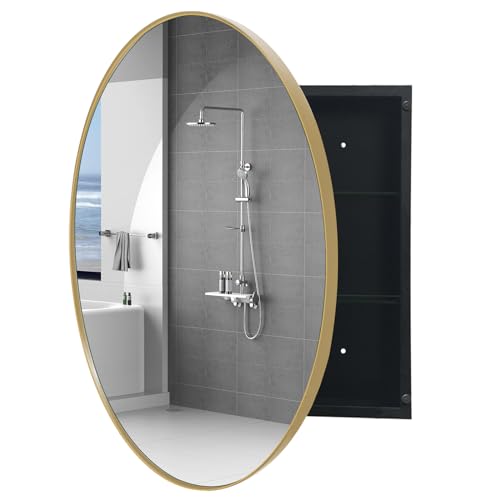 FOMAYKO Farmhouse Round Bathroom Medicine Cabinet with Mirror, 30x30 Inches Surface Wall Mounted Circular Storage Cabinet, Rustic Circle Mirror Cabinet for Bathroom Organizer
