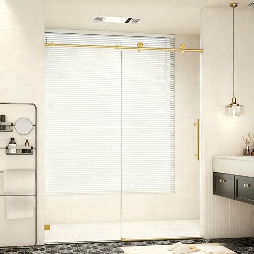 Image of 56-60 inch W x 74 inch H Frameless Shower Door, Bathroom Soft-Close Sliding Shower Doors with 5 /16 inch (8mm) Clear SGCC Tempered Glass and Stainless Steel Hardware, Reversible Installation, Brushed Gold