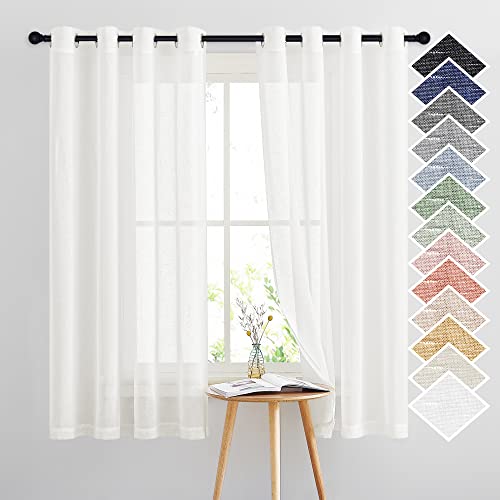 NICETOWN Linen Sheer Curtains Flax Textured, Grommet Top Casual 63" Long Thick Semitransparent Flax Sheer Window Treatment for Loft/Apartment, Ivory,