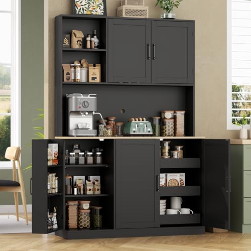 71' Tall kitchen Pantry Storage Cabinet, Modern Kitchen Hutch with 3 Pull-out Drawers, Kitchen Pantries with Microwave Stand & Door Shelf, Food Pantry with Adjustable Shelves for Dining Room (Black)