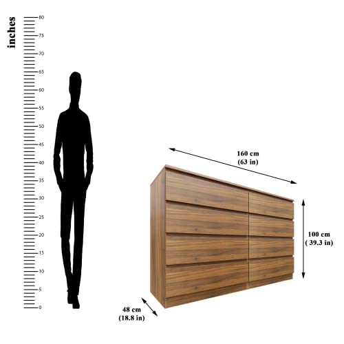 Image of VIKI Dresser with 8 Drawers, Chest of 8 Drawers,Clothes Storage, Organizer Unit for Bedroom, Hallway, Entryway,Easy Pull Drawers, Width 160cms, Brussel Walnut Colour | 1 Year Warranty | Free Assembly