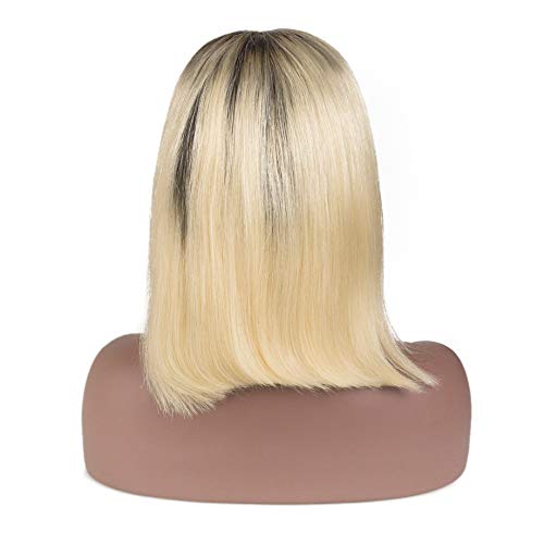 1B/613 Blonde bob wig PrePlucked Hairline Ombre 613 Blonde Brazilian Human Hair Lace Front Wig for Black Women Glueless Middle Part Short Cut Style Bob Straight 13x4 Frontal Bleached Knots Wig 8"