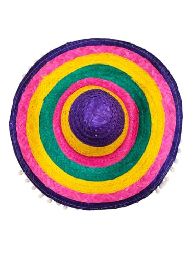Image of BookMyCostume Colorful Mexican Straw Hat for Adults & Teenagers - Multicolor Fiesta Sombrero with White Cotton Ball Lace | Traditional Unisex Costume Hat for Theme Parties & Fancy Dress