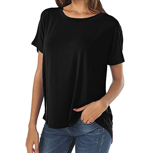 wodceeke T-shirt uni décontracté à col rond et manches courtes pour femme, Noir, L