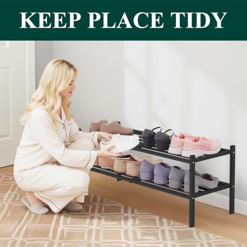 Image of Smiry Bamboo Shoe Rack, 5 Horizontal Slats, 2 Tier - 33.9 inch Wide, Black