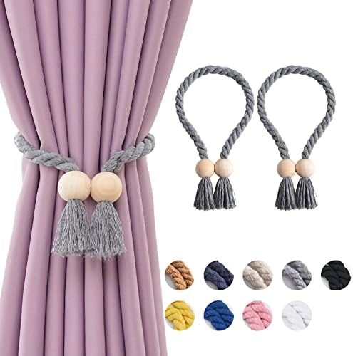 Pretty Jolly 2 Pack Wooden Ball Magnetic Curtain Tiebacks Boho Home Decor Drape Tie Backs Natural Cotton Hand Woven Rope Curtain Holdbacks for Thin & Thick Home & Office Window Draperies (Black)
