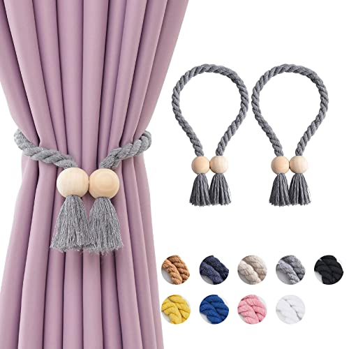 NICEEC 2 Pack Wooden Ball Magnetic Curtain Tiebacks Boho Home Decor Drape Tie Backs Natural Cotton Hand Woven Rope Curtain Holdbacks for Thin & Thick Home & Office Window Draperies (Grey)