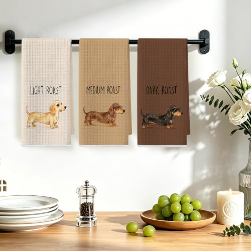 Image of 3 Pcs Coffee Dachshund Kitchen Towels, Funny Dachshund Reusable Dish Towels