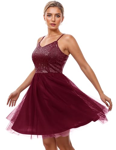 Image of Dressystar 2026 Women's Tiered Sparkly Sequin Glitter Formal Prom Dress Mini Spaghetti Strap Tulle Cocktail Party Dresses