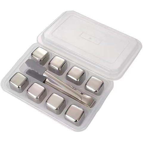 8 Pieces Stainless Steel Whisky Stones Ice Cubes with Clip Reusable Chilling Rocks Cooling for Scotch Whisky, Wine, Gin, Tonic Drinks bar, Wine Set Creative Supplies Cover