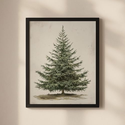 Image of Vintage Christmas Tree Print, Rustic Pine Tree Winter Wall Art, Botanical Christmas Decor for Farmhouse Holiday Home, Cottagecore Seasonal Poster for Living Room Bedroom Entryway