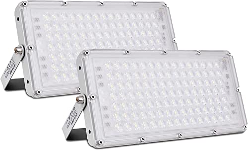 Sararoom 2 Stück LED Strahler Außen 100W 10000LM LED Fluter IP65 Wasserdicht LED Strahler 6500K Kaltweiß LED Scheinwerfer LED Flutlicht mit 105Leds Außenstrahler Lampe für Garten höf Garage Sportplatz Cover