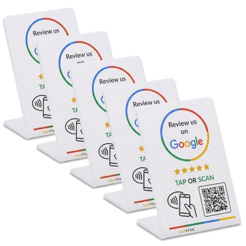 Image of Google Review Stand by TapFive - Tap to Review NFC Tap & QR Code Sign for Restaurants, Salons, Retail & Front Desks | QR Code Stand | No Monthly Fees (White, 5 Stands)
