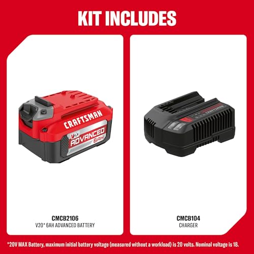 Image of CRAFTSMAN V20 6 Ah Advanced Battery Starter Kit, Includes V20 Battery and Charger (CMCB2106-CK)