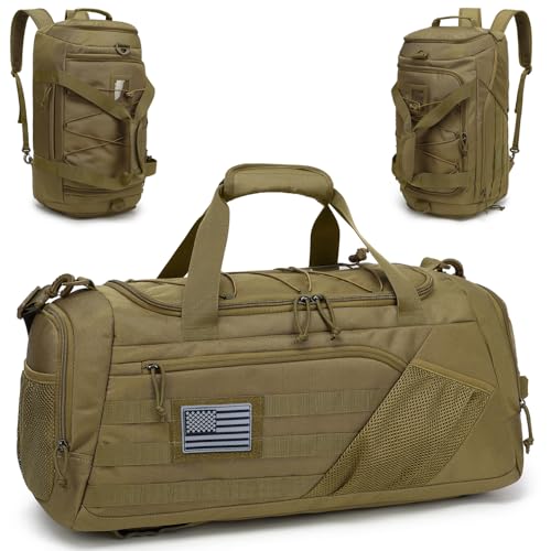 Image of 3-in-1 Tactical Gym & Travel Duffle Bag Backpack Men Multi-Functional 45L Military Sports Duffle Bag with Shoe Compartment & Wet Pocket for Workout Weekender Overnight Bag with Molle Webbing, Brown