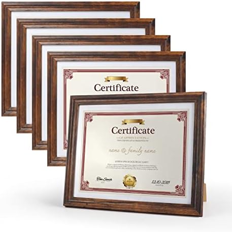 8.5x11 Picture Frame Set of 5, Rustic Wooden Frames with Mat Display 8.5 by 11 Document Certificate Photos for Wall or Tabletop
