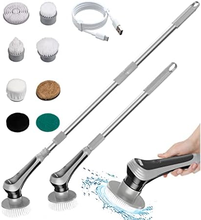 VOVGUU Electric Cleaning Brush, Shower Cleaner, Shower Scrubber Cordless with Adjustable Handle, Electric Spin Scrubber with 10 Replaceable Brush for Bathroom, Tile, Shower and Kitchen