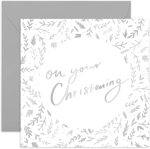 Old English Co. On Your Christening Day Floral Card - Silver Foil Religious Faith Card for Boy or Girl | Celebrate Special Day of Family and Friends | Blank Inside & Envelope Included