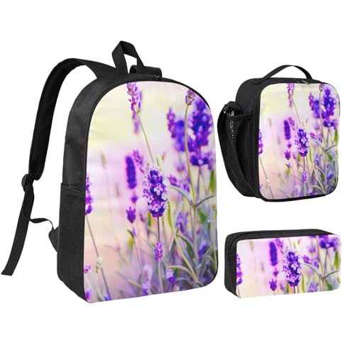 Mochila de flores de lavanda para excursiones con bolsa de almuerzo térmica