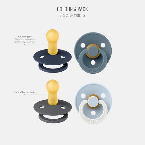 Image of BIBS Colour Soother 4-Pack | BPA Free Dummy Pacifier | Round Nipple | Natural Rubber Latex | Made in Denmark | Size 6-18 Months | Petrol Glow Mix