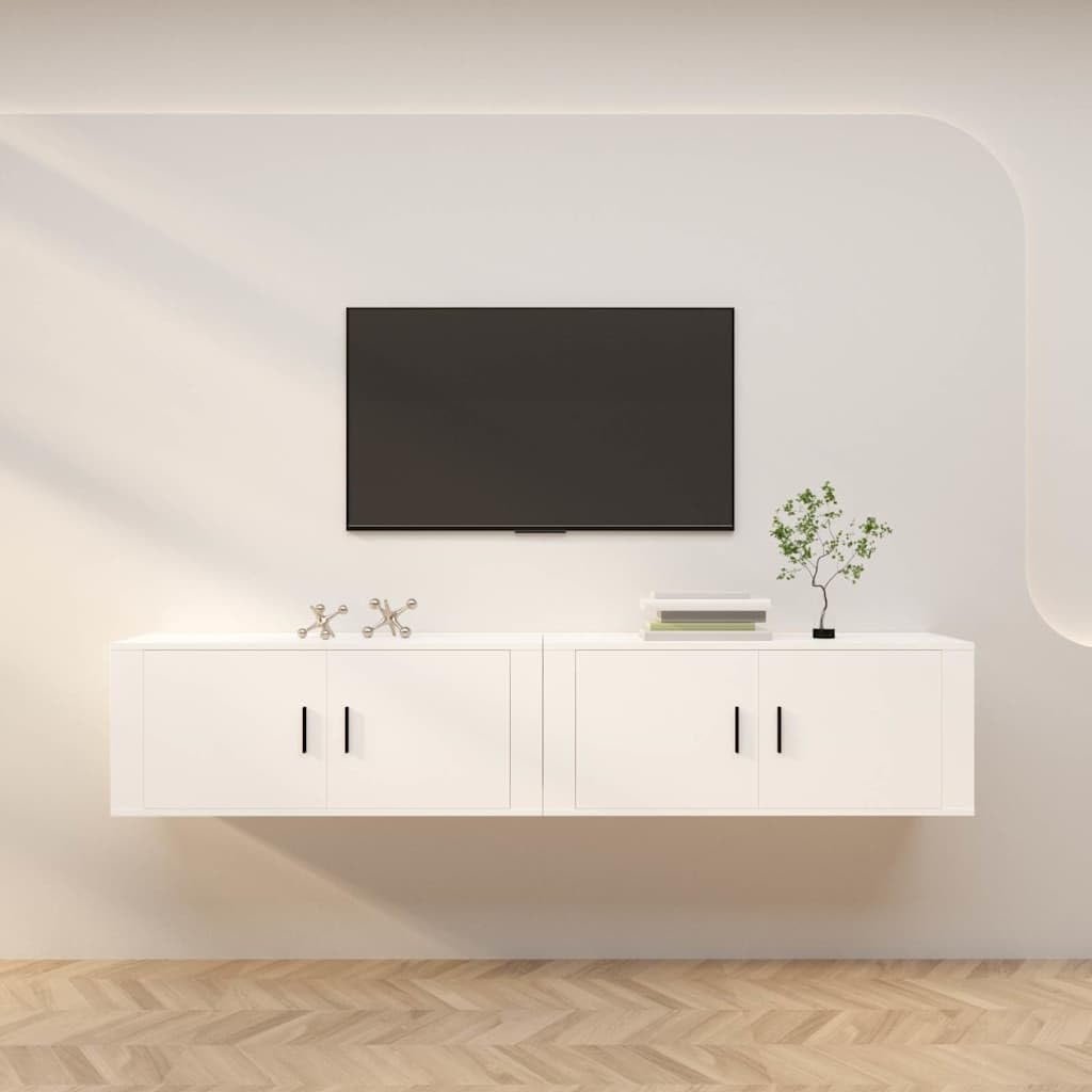 Support console TV mural blanc en bois d'ingénierie au design moderne et épuré