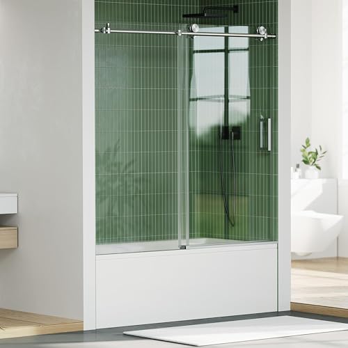 Image of 60 inch x 59 inch Frameless Sliding Bathtub Door - Brushed Stainless Steel Round Rail, 6mm Tempered Glass with Easy Clean Coating, Smooth Gliding Shower Partition
