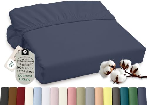 Image of ROYALE LINENS 300 Thread Count 100% Long Staple Combed Cotton Fitted Sheet Twin - Super Soft Deep Pocket Bottom Sheet - Fitted Sheets Only - Elastic Sheets (Twin, Navy)