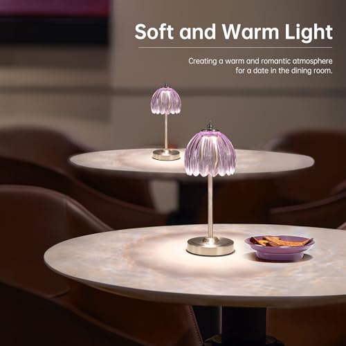 Image of Shenmoyl Tulip Table Lamp with 5200mAh Battery & Touch Control, Cordless Small Table Lamp with 3 Colors, Dimmable Rechargeable Table Lamps for Living Room, Bedroom, Desk, Bedside (Clear Purple Tulip)
