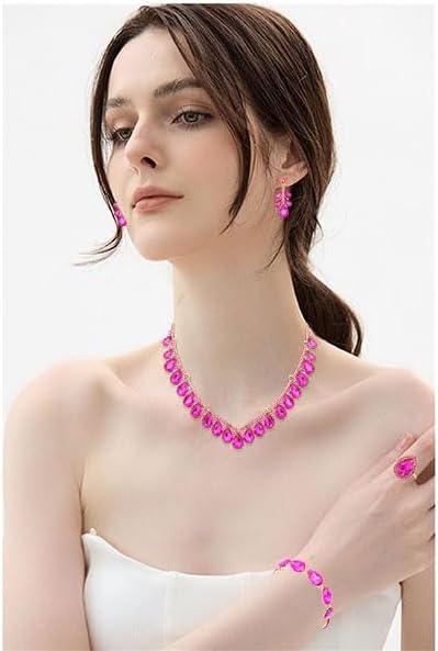 Fashion V-Shaped Crystal Jewelry Set Bridal Wedding Choker Necklace Earrings Bracelet Ring for Women Bridesmaids Party Costume Accessories - Image 2