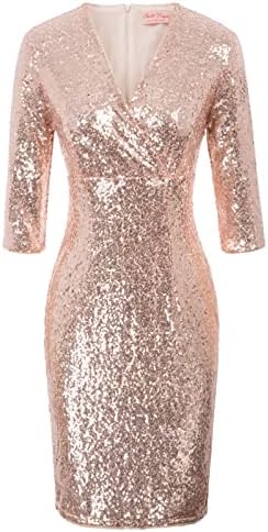 Belle Poque Rose Gold Glitter Dress Bodycon Sequined Dresses for Women Club Sexy V Neck, XL