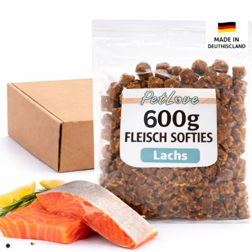 PetLove Fleisch Softies für Hunde • Hundeleckerli ohne Getreide • 63% Fleischgehalt • Hunde Leckerlis für Training • Lachs (3x200g)
