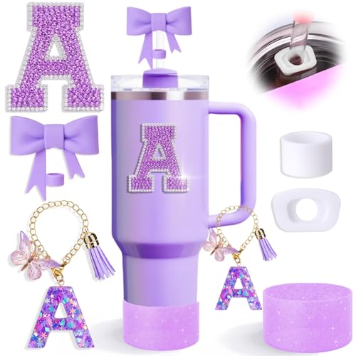 MOTEERLLU 6pcs Purple Stanley Cup Accessories Set Bow Straw Cover for Stanley Cup 30oz 40oz Including Straw Topper Spill Proof Stopper Sparkly Silicone Boot Set Handle Charm Initials Sticker (A)