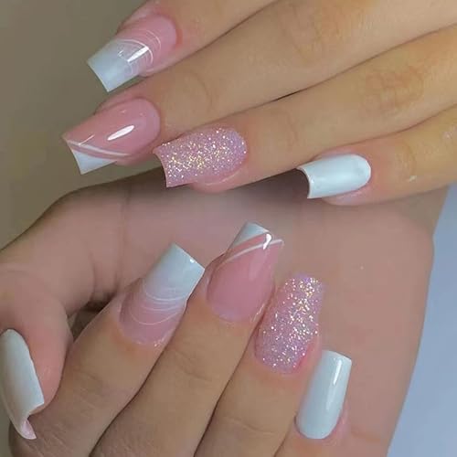 Diduikalor Press On Nails Long French Tip Coffin Fake Nails, 24 Pcs Nude And White Tips With Silver Shimmer Square False Nails With Glue Acrylic Nails Full Cover Stick On Nails For Women #TOP21