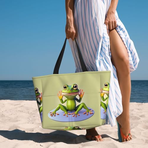 Large Capacity Beach Bag - print Waterproof Travel Bag The funny frog doing yoga Multi-Pocket Tote for Vacation Gym Women 6