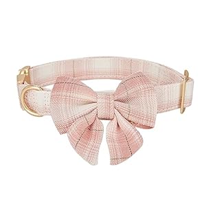 YUDOTE Soft Cloth Wrapped Dog Collar Plaid UK Style Collars with Removeable Bowtie for Small Dogs with Sensitive Skin,Pink