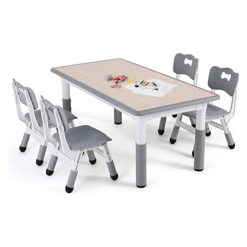 CHIIRAKU Kids Table & 4 Chairs Set – Height Adjustable, for Ages 3-8, Easy-to-Clean Arts & Crafts...