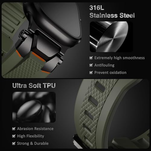 Image of ULTIMAL Rugged Band for Apple Watch Ultra 3 /2 /1 49mm, Series 11 /10 /9 /8 /7 /6 /5 /4 SE 46mm /45mm /44mm, Waterproof, Soft TPU Strap with Stainless Steel Buckle & Connectors, Sweat-Resistant, Easy to Clean, Fits 155-225mm Wrist (Black /green)