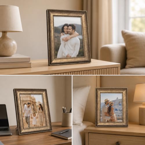 Image of GOLDEN PEACOCK 6x8 Inch Photo Frame - Antique Brown & Gold Wall Hanging and Tabletop Picture Frame with Glass Front for Home, Office, Living Room Decor