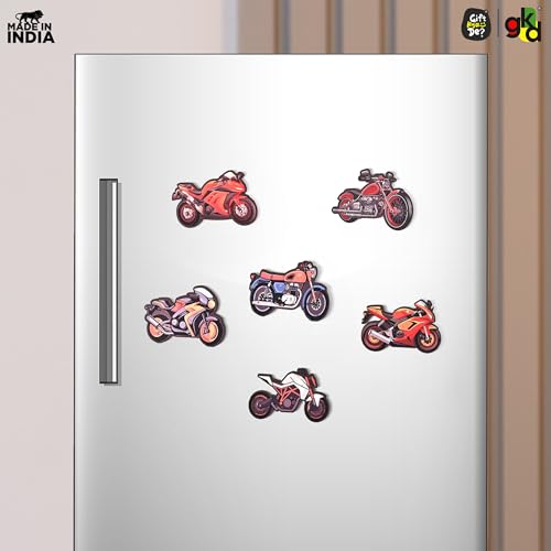 Image of GKD Wooden Fridge Magnet for Bike Lovers - Retro Bike Logo Design | Fridge Sticker for Home & Office Decor | Gift for Riders, Bikers & Travel Enthusiasts Pack of 6 (Bikes)