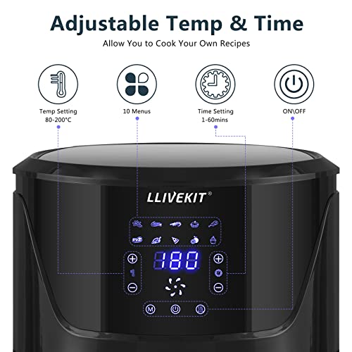 LLIVEKIT Friggitrice ad aria 7 Litri, Airy Fryer XXL con LED Display, Friggitrice ad Aria Calda Senza Olio, Termostato regolabile e controllo del tempo, 10 Programmi Predefiniti, 1800W, Nero