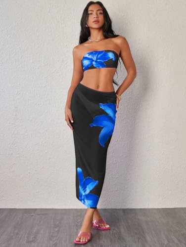 Image of ZAFUL Womens 3pcs Bikini Swimsuits Bandeau 3 Piece Swimwear High Cut Bikini Sets with Long Sheer Coverup Dress