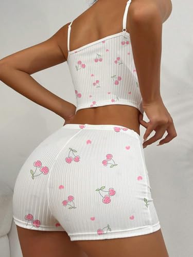 Image of Hilinker Womens Graphic 2 Piece Pajama Set Summer Cute Crop Cami and Shorts Ribbed Lounge Sets