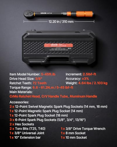 Image of VEVOR Torque Wrench 3 /8-inch Drive Click Torque Wrench Dual Scale Readings, 5-45 lbf-ft / 6.8-61.2 N.m, ±3% High Precision, with Spark Plug Sockets, Bits, Universal Joint, Extension Bar, Storage Case