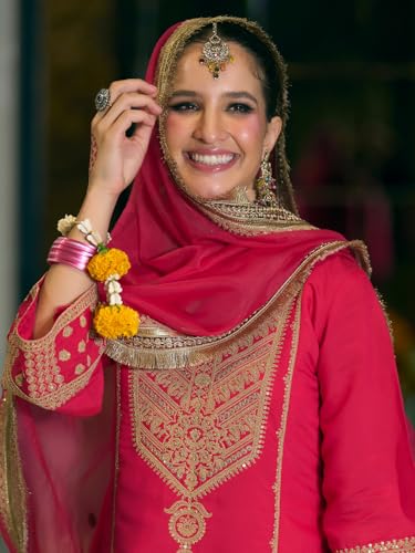 Image of INDO ERA Women's Silk Blend Ethnic Motifs Embroidered A-Line Kurta & Pant with Dupatta Set (IEOUT12437)
