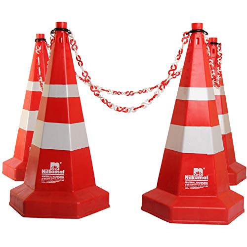 Image of LADWA Nilkamal Road Traffic Safety Cone, Pack of 4 Cones 750mm, with 4 mtr Chain + 4 Hooks, (Safety Cone, Traffic Safety Cone, Road Safety Cone with Reflective Strips Collar).