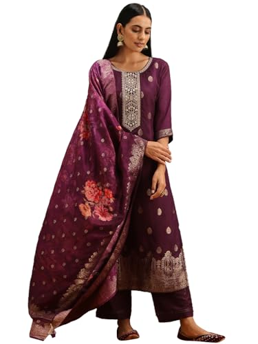 Image of Libas Womens Self Design Silk Straight Kurta With Trousers and Dupatta | daily wear suit