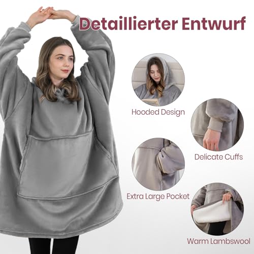 Good Nite Decke mit Ärmeln für Frauen und Männer Sherpa kuscheldecke Tragbare Decken Adult Cosy Sweater Tragbare Warm Decken Übergroßer hoodie mit Taschen Grau(98x100cm)