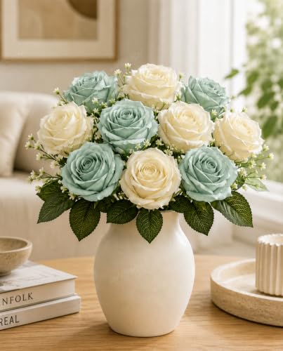 Image of Divyakosh Artificial Rose Flower Bouquet 10 Rose (5 Sage Green + 5 Ivory White Roses) with Green Leaves | Faux Flowers for Home Decor, Living Room, Office, Bedroom| Vase Not Included